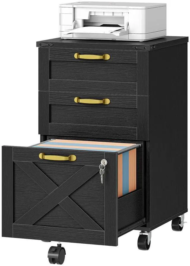 Main image of 3 Drawer File Cabinet with Lock, Mobile Farmhouse Filing Cabinet for A4/Letter Size, Under Desk Rolling Office Cabinet, Printer Stand with Storage for Home Office, Black BK67WJ01