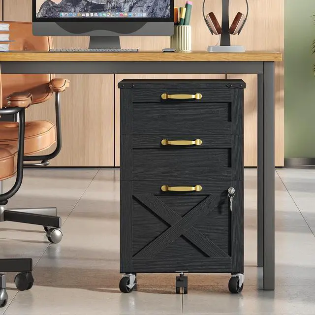 Alt view image 2 of 7 - 3 Drawer File Cabinet with Lock, Mobile Farmhouse Filing Cabinet for A4/Letter Size, Under Desk Rolling Office Cabinet, Printer Stand with Storage for Home Office, Black BK67WJ01