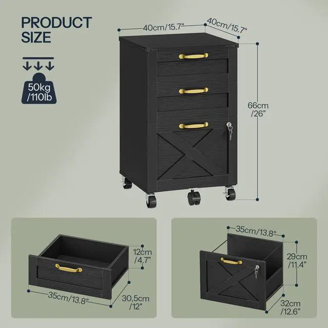 Alt view image 3 of 7 - 3 Drawer File Cabinet with Lock, Mobile Farmhouse Filing Cabinet for A4/Letter Size, Under Desk Rolling Office Cabinet, Printer Stand with Storage for Home Office, Black BK67WJ01