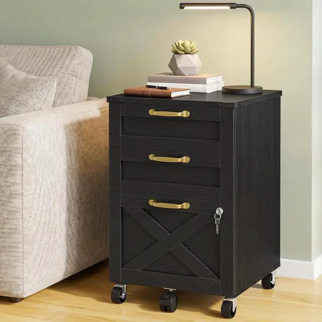 Alt view image 4 of 7 - 3 Drawer File Cabinet with Lock, Mobile Farmhouse Filing Cabinet for A4/Letter Size, Under Desk Rolling Office Cabinet, Printer Stand with Storage for Home Office, Black BK67WJ01