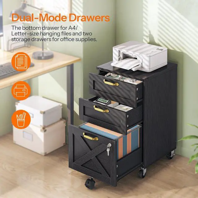 Alt view image 5 of 7 - 3 Drawer File Cabinet with Lock, Mobile Farmhouse Filing Cabinet for A4/Letter Size, Under Desk Rolling Office Cabinet, Printer Stand with Storage for Home Office, Black BK67WJ01