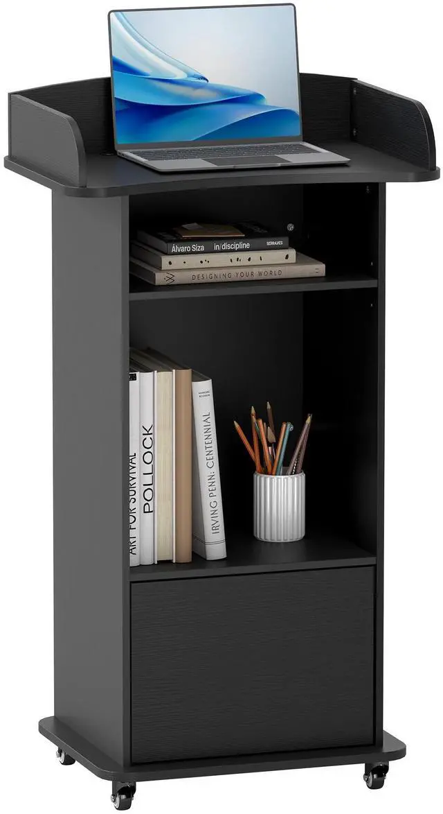 Main image of Portable Podium Stand with Wheels, Mobile Wood Lecterns with Adjustable Storage Shelf, Rolling Church Pulpits, Host Stand for Office Conference SchoolBlack