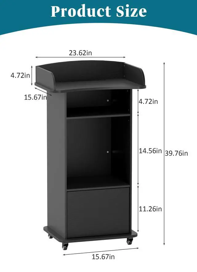 Alt view image 3 of 7 - Portable Podium Stand with Wheels, Mobile Wood Lecterns with Adjustable Storage Shelf, Rolling Church Pulpits, Host Stand for Office Conference SchoolBlack