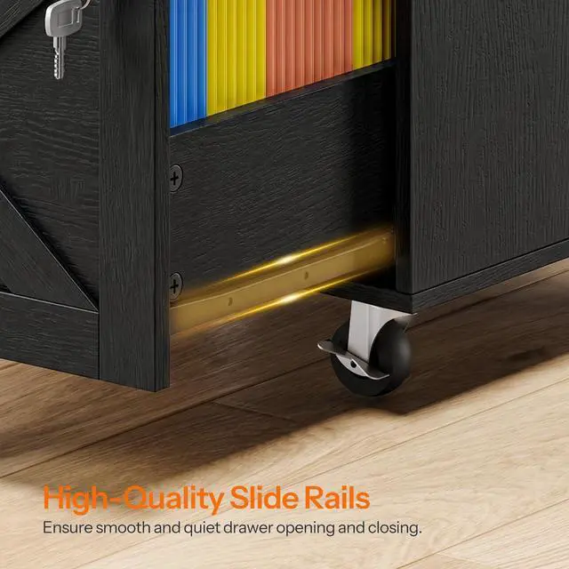 Alt view image 7 of 7 - 3 Drawer File Cabinet with Lock, Mobile Farmhouse Filing Cabinet for A4/Letter Size, Under Desk Rolling Office Cabinet, Printer Stand with Storage for Home Office, Black BK67WJ01