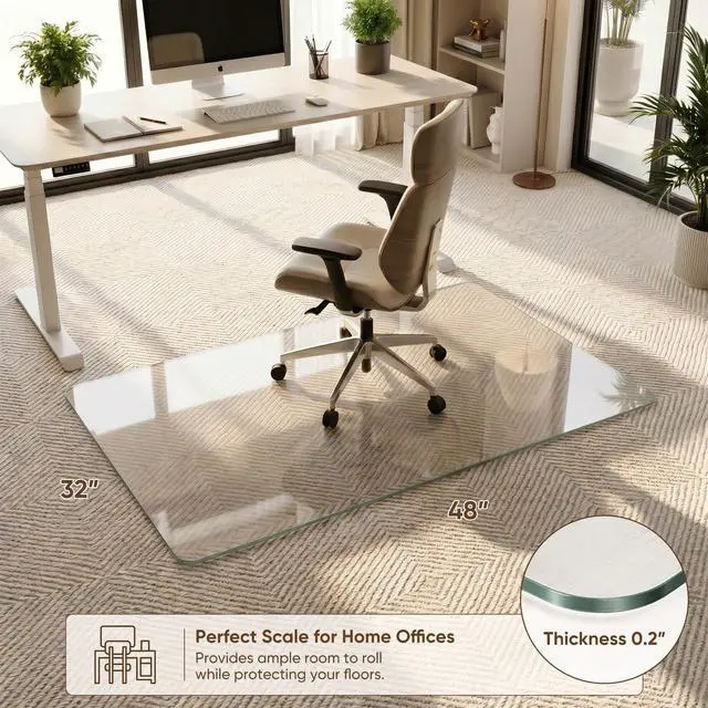 Alt view image 2 of 7 - Tempered Glass Chair Mat, 32"x48" Office Chair Mat for Carpet & Hardwood Floors, Heavy Duty 0.2" Desk Chair Mat for Smooth Rolling at Home or Office