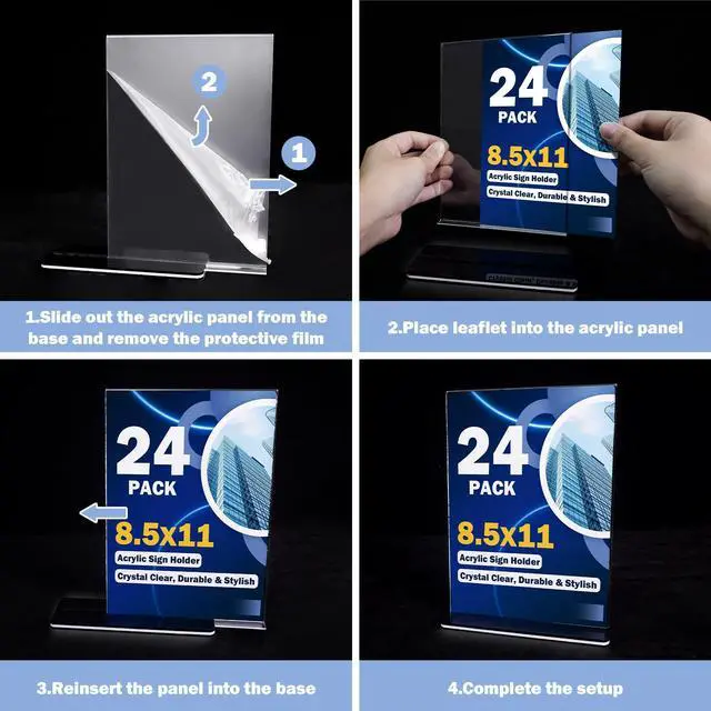 Alt view image 7 of 7 - Acrylic Sign Holder 8.5 x 11, 24 Pack Clear Double-Sided Acrylic Display Stand for Vertical Tabletop Use, Perfect for Menus, Flyers, and Paper in Restaurants, Hotels, Office