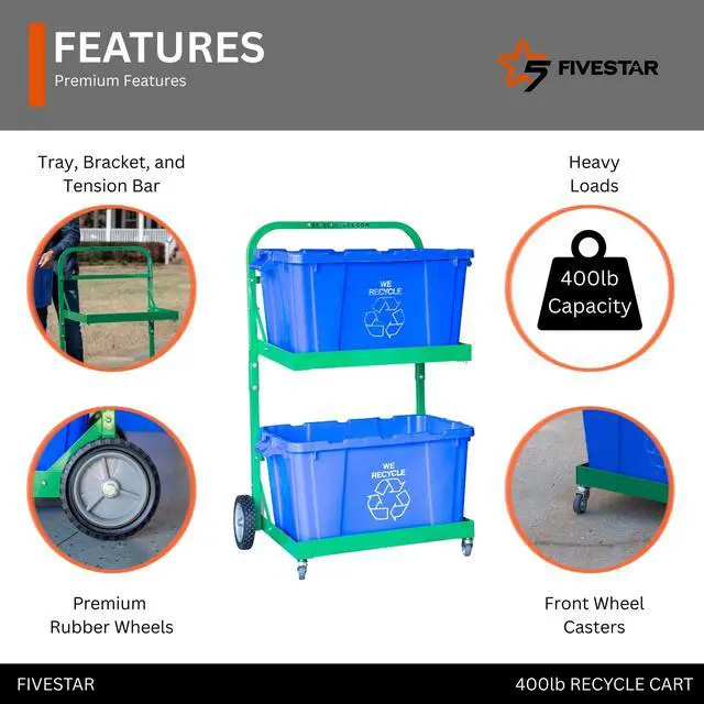 Alt view image 5 of 7 - FIVESTAR 400 lb. Capacity Heavy-Duty Recycle Bin Cart with Aluminum Frame and Recycle Bin Trays and Four Wheels