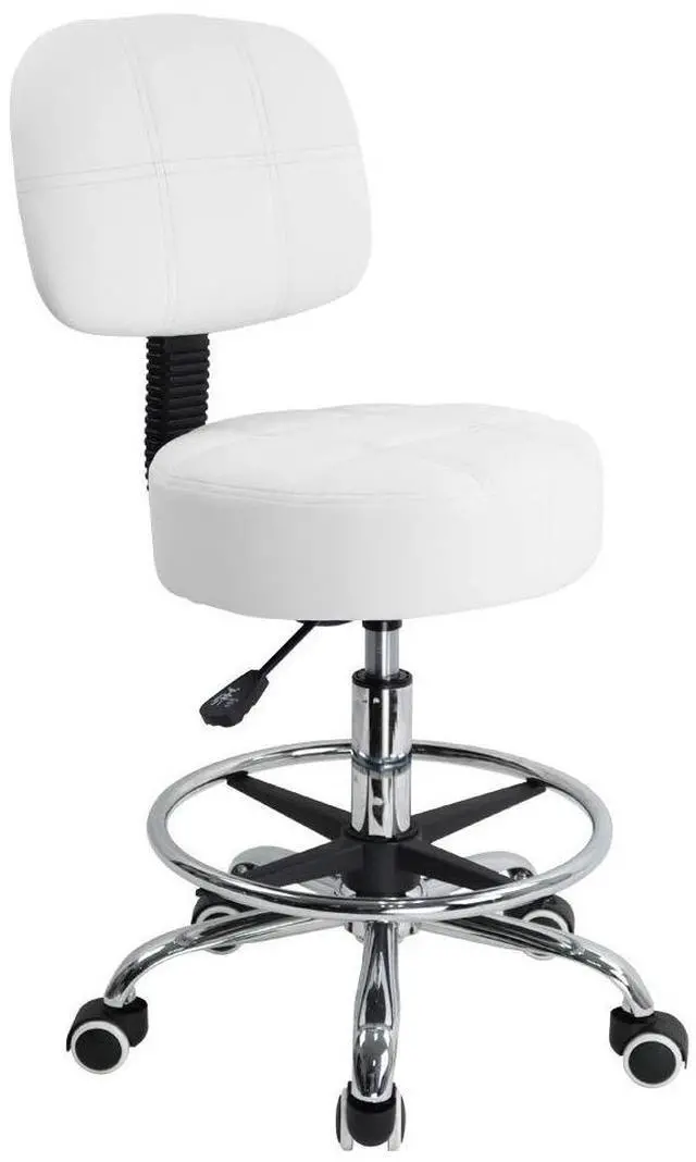 Main image of Swivel Round Rolling Stool PU Leather with Adjustable Foot Rest Height Adjustable Task Work Drafting Chair with Back(White)