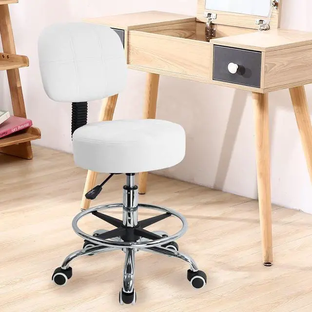 Alt view image 2 of 7 - Swivel Round Rolling Stool PU Leather with Adjustable Foot Rest Height Adjustable Task Work Drafting Chair with Back(White)