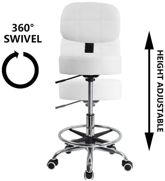 Alt view image 3 of 7 - Swivel Round Rolling Stool PU Leather with Adjustable Foot Rest Height Adjustable Task Work Drafting Chair with Back(White)