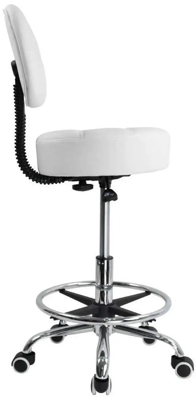 Alt view image 4 of 7 - Swivel Round Rolling Stool PU Leather with Adjustable Foot Rest Height Adjustable Task Work Drafting Chair with Back(White)