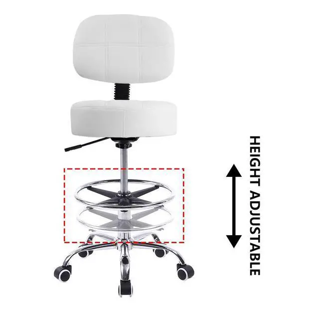 Alt view image 6 of 7 - Swivel Round Rolling Stool PU Leather with Adjustable Foot Rest Height Adjustable Task Work Drafting Chair with Back(White)