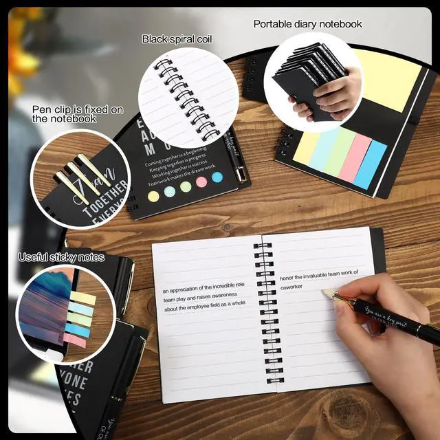 Alt view image 3 of 7 - 50 Sets Team Employee Appreciation Team Gifts Bulk Inspirational Spiral Notebook Journal with Sticky Notepad Ballpoint Pen Thank You Gifts for Coworker Staff Office Nurse Teacher (Black)