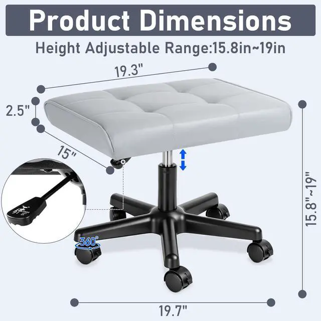 Alt view image 2 of 7 - Footrest Under Desk Leg Rest Ottoman Adjustable Height Foot Stool (Grey) | PU Ergonomic Foot Rest with Wheels Leather Footrest for Home Office