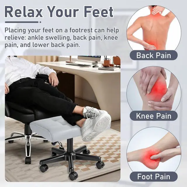 Alt view image 3 of 7 - Footrest Under Desk Leg Rest Ottoman Adjustable Height Foot Stool (Grey) | PU Ergonomic Foot Rest with Wheels Leather Footrest for Home Office