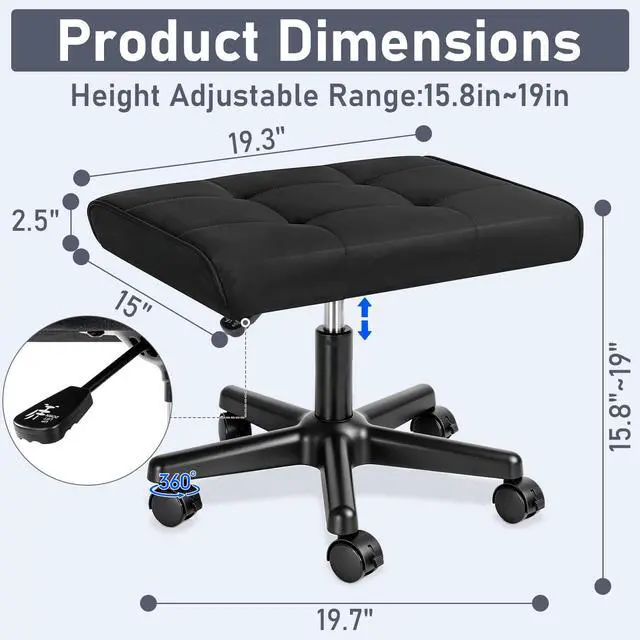 Alt view image 2 of 7 - Footrest Under Desk Leg Rest Ottoman Adjustable Height Foot Stool (Black) | PU Ergonomic Foot Rest with Wheels Leather Footrest for Home Office, Large