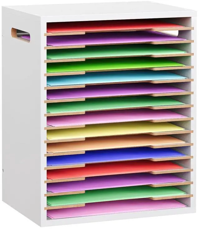 Main image of 8.5x11 Scrapbook Paper Organizer Wood, 15 Tier Desk File Organizer with Handle, 9x12 Construction Paper Storage Holder Letter Tray Mail Sorter for Craft Room Home Office Classroom, White