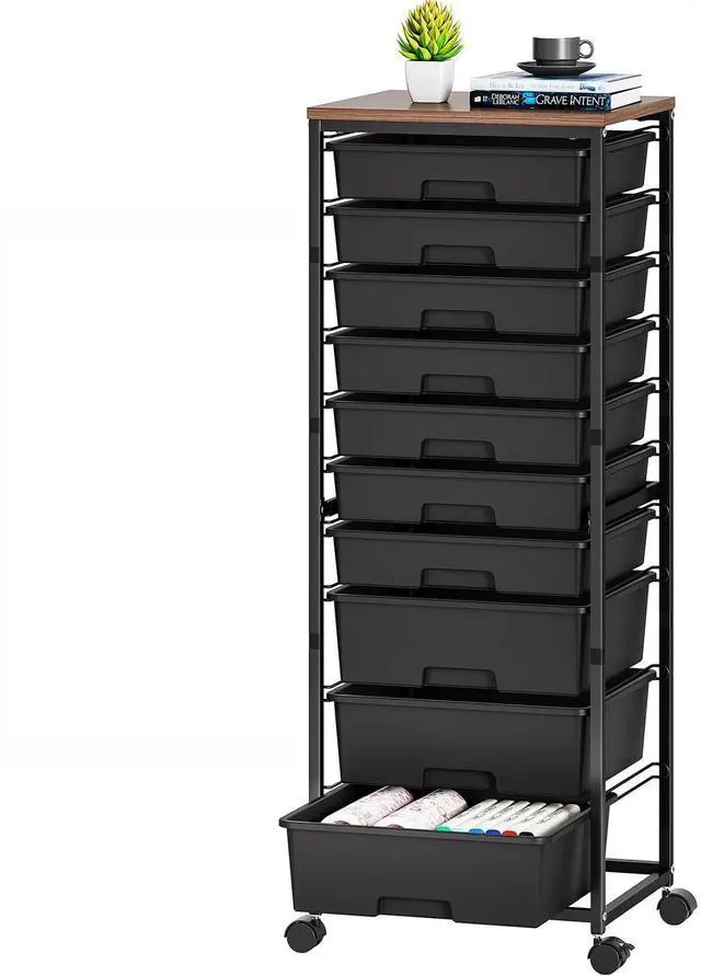 Main image of Rolling Cart with Drawers,10 Drawer Rolling Cart,Craft Organizer with Wheels,Teacher Storage Cart with Wooden Tabletop for School,Office and Home,Black