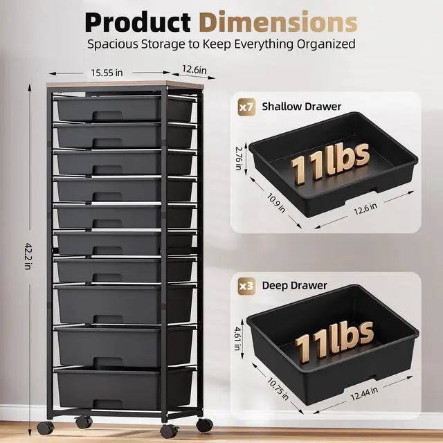 Alt view image 2 of 7 - Rolling Cart with Drawers,10 Drawer Rolling Cart,Craft Organizer with Wheels,Teacher Storage Cart with Wooden Tabletop for School,Office and Home,Black
