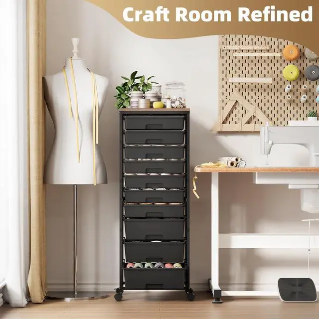 Alt view image 3 of 7 - Rolling Cart with Drawers,10 Drawer Rolling Cart,Craft Organizer with Wheels,Teacher Storage Cart with Wooden Tabletop for School,Office and Home,Black