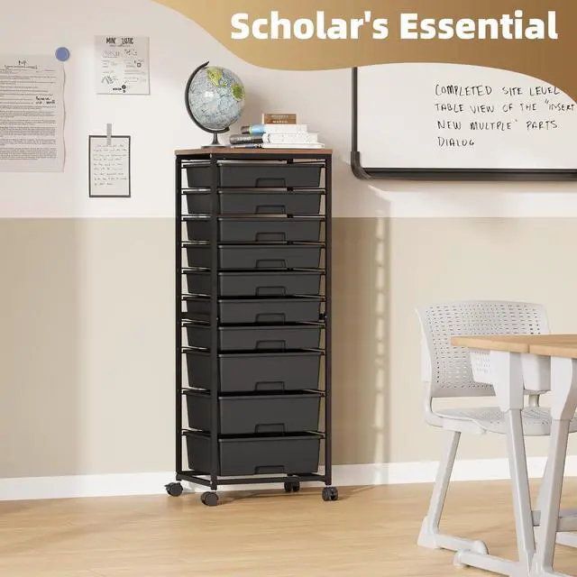 Alt view image 5 of 7 - Rolling Cart with Drawers,10 Drawer Rolling Cart,Craft Organizer with Wheels,Teacher Storage Cart with Wooden Tabletop for School,Office and Home,Black