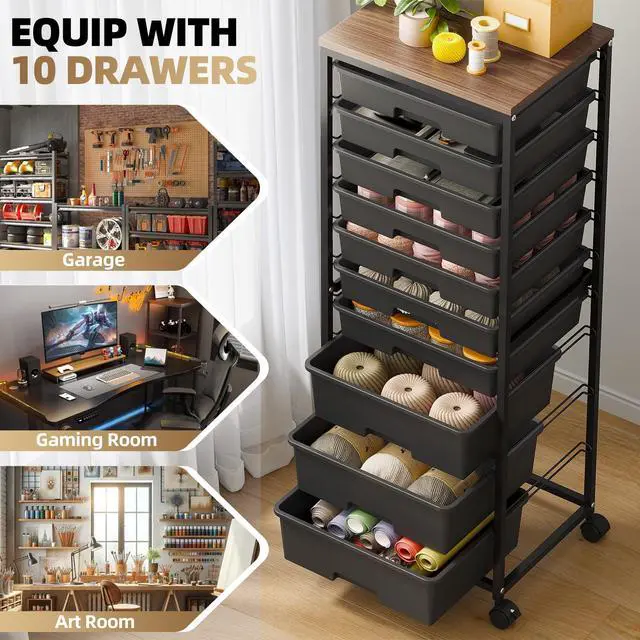 Alt view image 6 of 7 - Rolling Cart with Drawers,10 Drawer Rolling Cart,Craft Organizer with Wheels,Teacher Storage Cart with Wooden Tabletop for School,Office and Home,Black