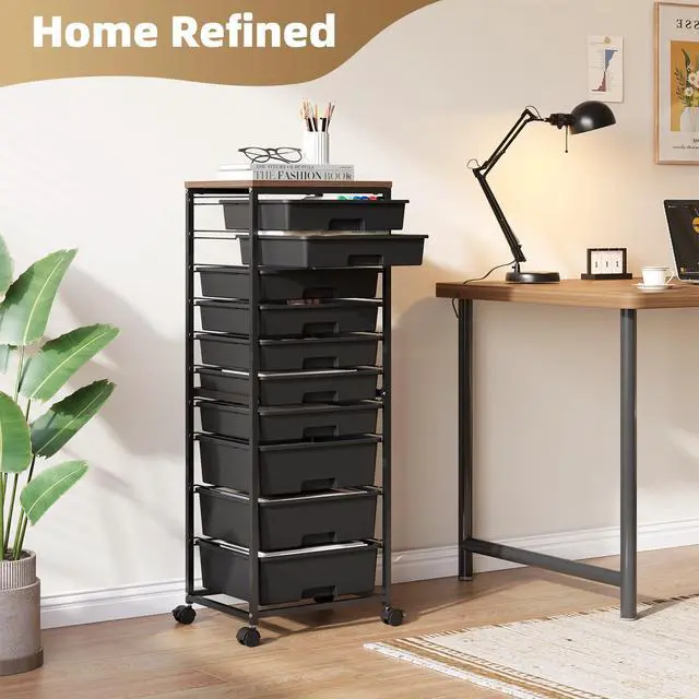 Alt view image 7 of 7 - Rolling Cart with Drawers,10 Drawer Rolling Cart,Craft Organizer with Wheels,Teacher Storage Cart with Wooden Tabletop for School,Office and Home,Black