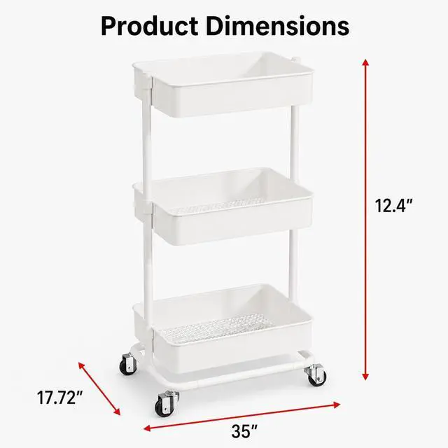 Alt view image 2 of 7 - 3 Tier Utility Rolling Cart, Heavy Duty Metal Rolling Cart with Wheels, Storage Organizer, Portable Mobile Shelving Unit for Office, Bathroom, Kitchen (White)