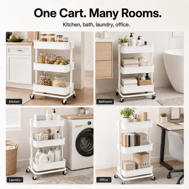 Alt view image 4 of 7 - 3 Tier Utility Rolling Cart, Heavy Duty Metal Rolling Cart with Wheels, Storage Organizer, Portable Mobile Shelving Unit for Office, Bathroom, Kitchen (White)