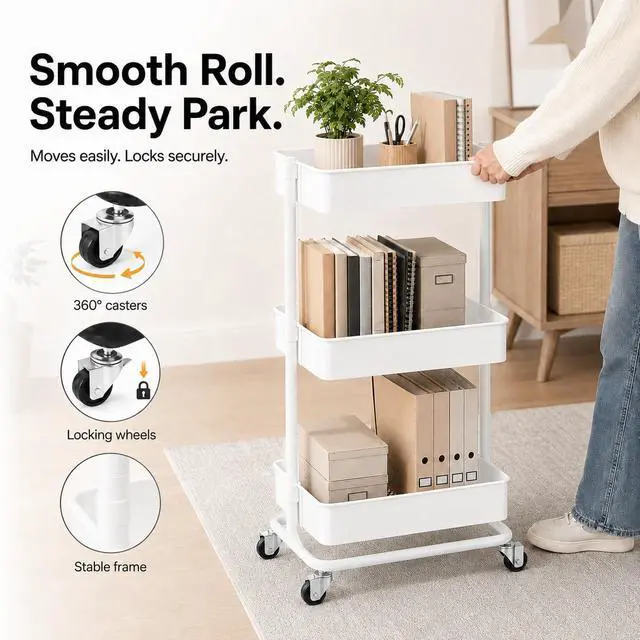 Alt view image 3 of 7 - 3 Tier Utility Rolling Cart, Heavy Duty Metal Rolling Cart with Wheels, Storage Organizer, Portable Mobile Shelving Unit for Office, Bathroom, Kitchen (White)