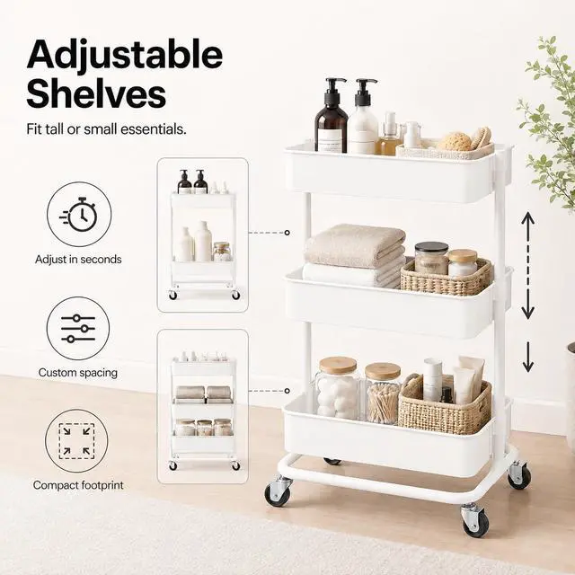 Alt view image 6 of 7 - 3 Tier Utility Rolling Cart, Heavy Duty Metal Rolling Cart with Wheels, Storage Organizer, Portable Mobile Shelving Unit for Office, Bathroom, Kitchen (White)