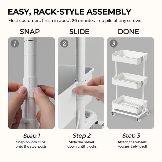 Alt view image 7 of 7 - 3 Tier Utility Rolling Cart, Heavy Duty Metal Rolling Cart with Wheels, Storage Organizer, Portable Mobile Shelving Unit for Office, Bathroom, Kitchen (White)