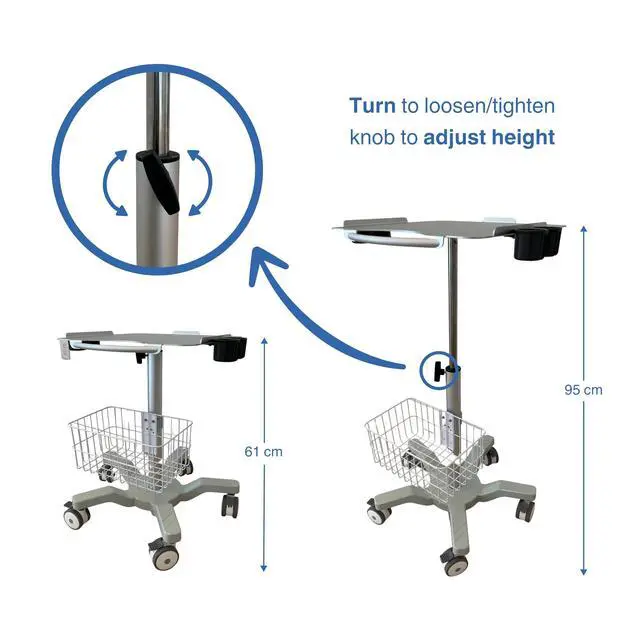 Alt view image 2 of 7 - Height Adjustable Mobile Ultrasound Cart with Probe Holders, Wire Basket & Lockable Wheels Medical Utility Trolley for Laptop-Style Ultrasound Machines