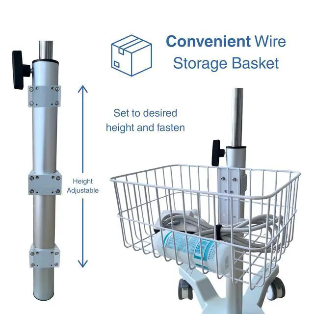 Alt view image 5 of 7 - Height Adjustable Mobile Ultrasound Cart with Probe Holders, Wire Basket & Lockable Wheels Medical Utility Trolley for Laptop-Style Ultrasound Machines