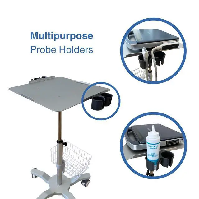 Alt view image 6 of 7 - Height Adjustable Mobile Ultrasound Cart with Probe Holders, Wire Basket & Lockable Wheels Medical Utility Trolley for Laptop-Style Ultrasound Machines