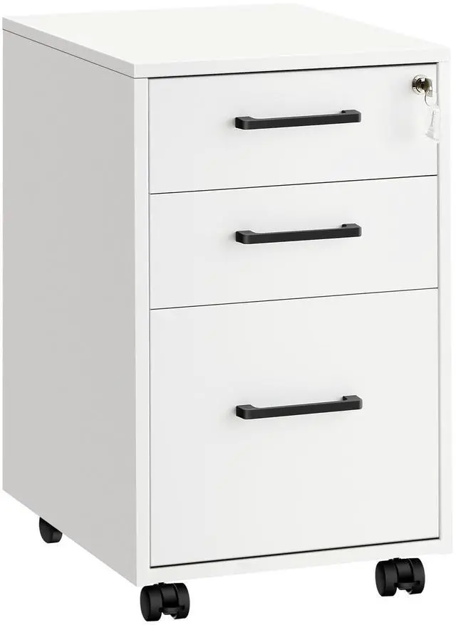 Main image of File Cabinet, Pre-Assembled Except Wheels and Handles, Office Filing Cabinet with Lock, for A4, Legal, Letter Sized Documents, 17.7 x 14.4 x 23.6 Inches, Matte White and Black UOFC110W01