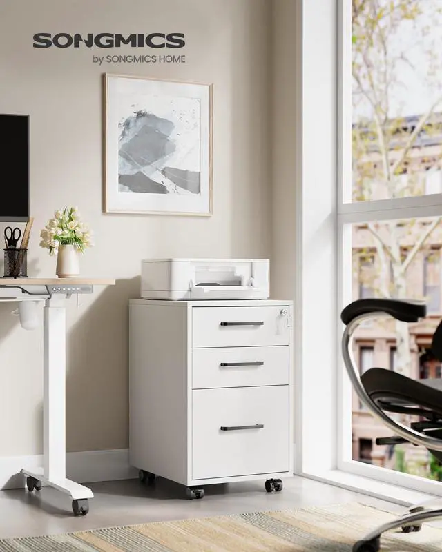 Alt view image 2 of 6 - File Cabinet, Pre-Assembled Except Wheels and Handles, Office Filing Cabinet with Lock, for A4, Legal, Letter Sized Documents, 17.7 x 14.4 x 23.6 Inches, Matte White and Black UOFC110W01