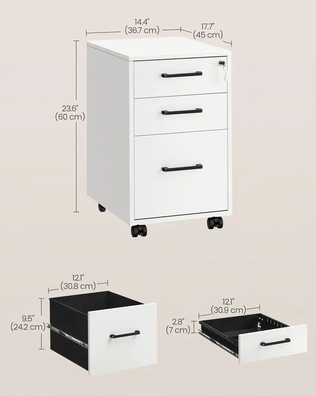 Alt view image 3 of 6 - File Cabinet, Pre-Assembled Except Wheels and Handles, Office Filing Cabinet with Lock, for A4, Legal, Letter Sized Documents, 17.7 x 14.4 x 23.6 Inches, Matte White and Black UOFC110W01