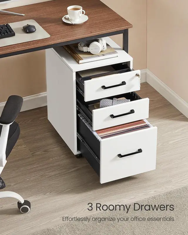 Alt view image 4 of 6 - File Cabinet, Pre-Assembled Except Wheels and Handles, Office Filing Cabinet with Lock, for A4, Legal, Letter Sized Documents, 17.7 x 14.4 x 23.6 Inches, Matte White and Black UOFC110W01