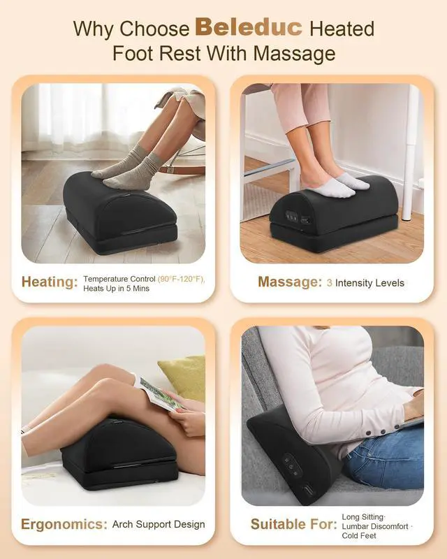 Alt view image 6 of 7 - Heated Foot Rest Under Desk at Work, Ergonomic Under Desk Foot Stool with Vibration Massage, Memory Foam Footrest, 3 Adjustable Height, Non-Slip