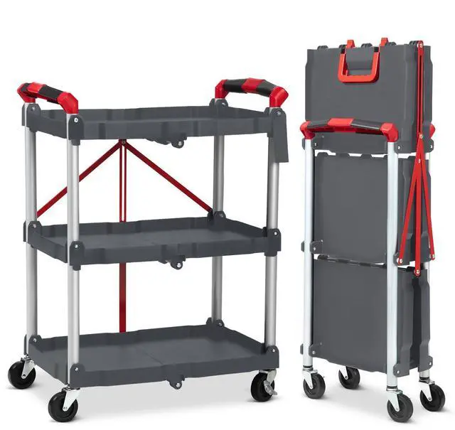 Main image of Portable Folding Service Cart, 3 Tier Folding Utility Cart, Collapsible Utility Carts for Office, Warehouse, and Home, 56 Lbs Load Capacity per Shelf (Grey & Red)