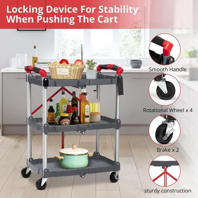 Alt view image 3 of 7 - Portable Folding Service Cart, 3 Tier Folding Utility Cart, Collapsible Utility Carts for Office, Warehouse, and Home, 56 Lbs Load Capacity per Shelf (Grey & Red)