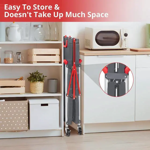 Alt view image 4 of 7 - Portable Folding Service Cart, 3 Tier Folding Utility Cart, Collapsible Utility Carts for Office, Warehouse, and Home, 56 Lbs Load Capacity per Shelf (Grey & Red)