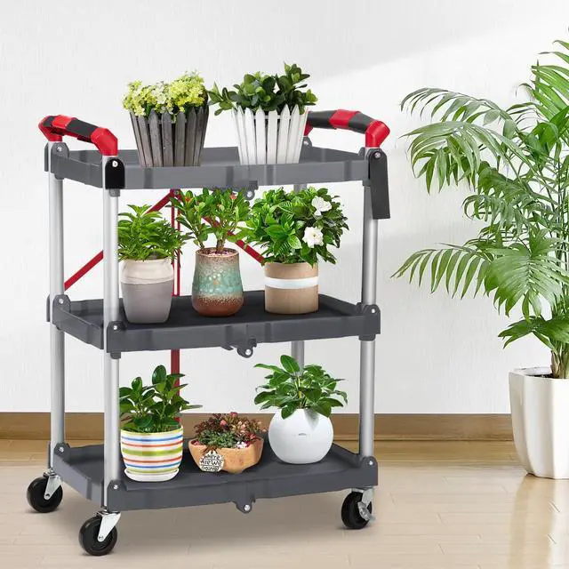 Alt view image 6 of 7 - Portable Folding Service Cart, 3 Tier Folding Utility Cart, Collapsible Utility Carts for Office, Warehouse, and Home, 56 Lbs Load Capacity per Shelf (Grey & Red)