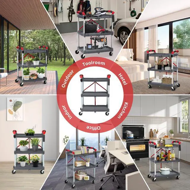 Alt view image 7 of 7 - Portable Folding Service Cart, 3 Tier Folding Utility Cart, Collapsible Utility Carts for Office, Warehouse, and Home, 56 Lbs Load Capacity per Shelf (Grey & Red)