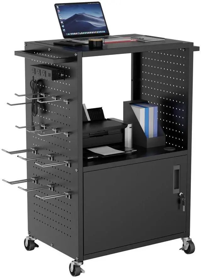 Main image of Mobile AV Cart, Heavy Duty Rolling Computer Cart with Push Handle & Hooks Locking Cabinet, Pegboard, 4 Outlets, Lock Brake Casters Media Utility Cart on Wheels for Office/Classroom