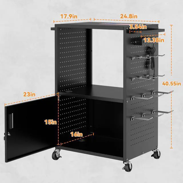 Alt view image 2 of 7 - Mobile AV Cart, Heavy Duty Rolling Computer Cart with Push Handle & Hooks Locking Cabinet, Pegboard, 4 Outlets, Lock Brake Casters Media Utility Cart on Wheels for Office/Classroom