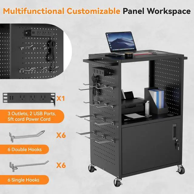 Alt view image 4 of 7 - Mobile AV Cart, Heavy Duty Rolling Computer Cart with Push Handle & Hooks Locking Cabinet, Pegboard, 4 Outlets, Lock Brake Casters Media Utility Cart on Wheels for Office/Classroom