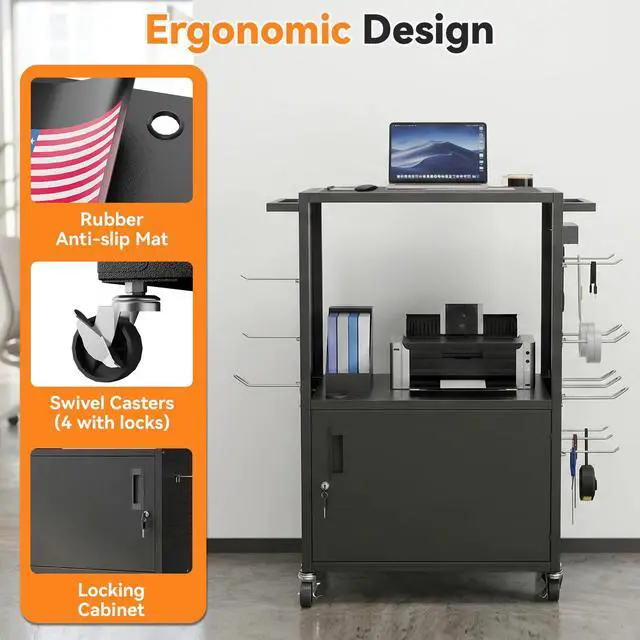 Alt view image 5 of 7 - Mobile AV Cart, Heavy Duty Rolling Computer Cart with Push Handle & Hooks Locking Cabinet, Pegboard, 4 Outlets, Lock Brake Casters Media Utility Cart on Wheels for Office/Classroom