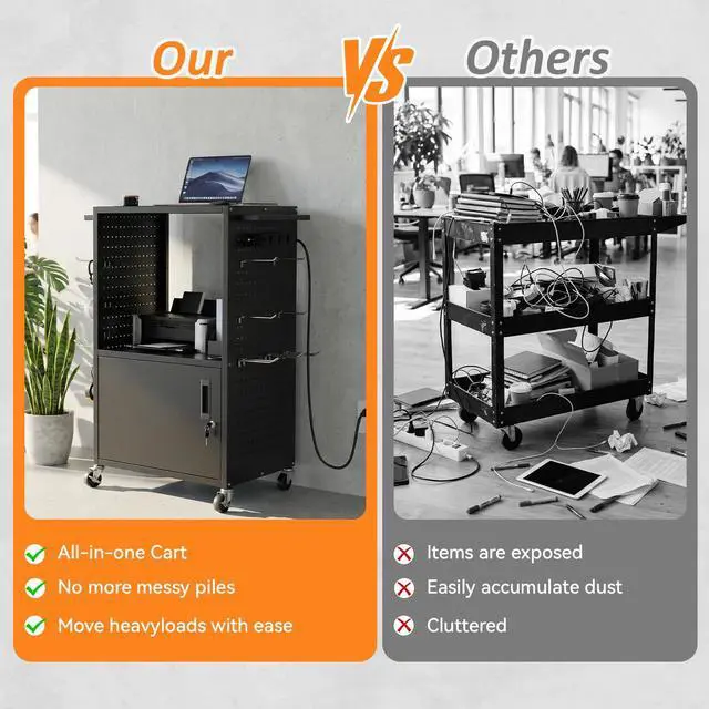 Alt view image 6 of 7 - Mobile AV Cart, Heavy Duty Rolling Computer Cart with Push Handle & Hooks Locking Cabinet, Pegboard, 4 Outlets, Lock Brake Casters Media Utility Cart on Wheels for Office/Classroom